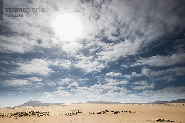 Spanien  Kanarische Inseln  Fuerteventura  Parque Natural de Corralejo  kleine Person auf Düne stehend