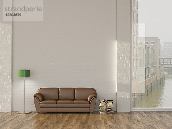 Stehlampe und Sofa im Zimmer mit Blick auf die Hamburger Speicherstadt  3D-Rendering
