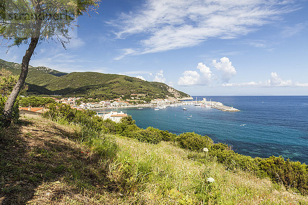 Blick auf Hafen und türkisfarbenes Meer  Marciana Marina  Insel Elba  Provinz Livorno  Toskana  Italien  Europa