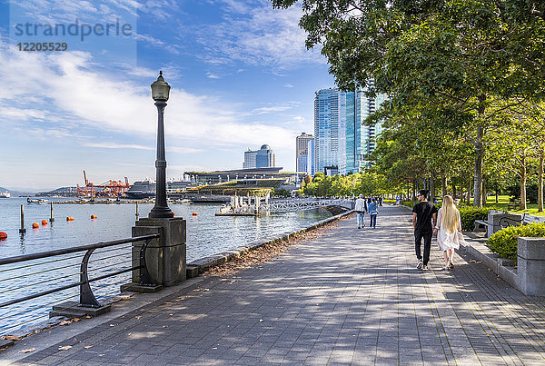 Sea Wall Walk mit Blick auf den Hafen von Vancouver in der Nähe des Kongresszentrums  Vancouver  British Columbia  Kanada  Nordamerika