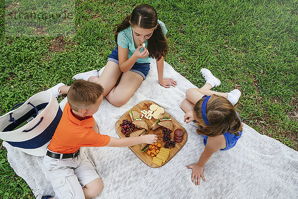 Kaukasischer Bruder und Schwestern essen Snacks auf einer Picknickdecke