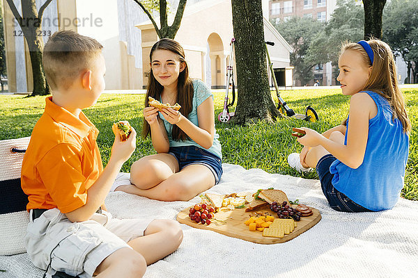 Lächelnder kaukasischer Bruder und Schwestern essen beim Picknick