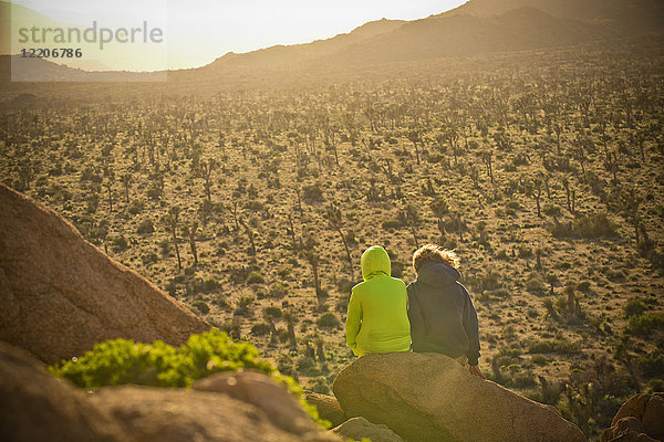 Boys sitting on rock admiring desert landscape