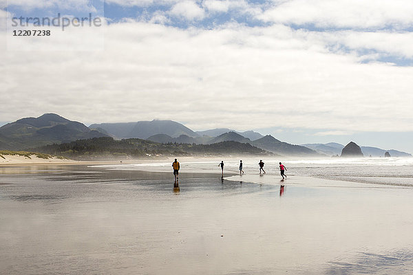 Distant people running on beach