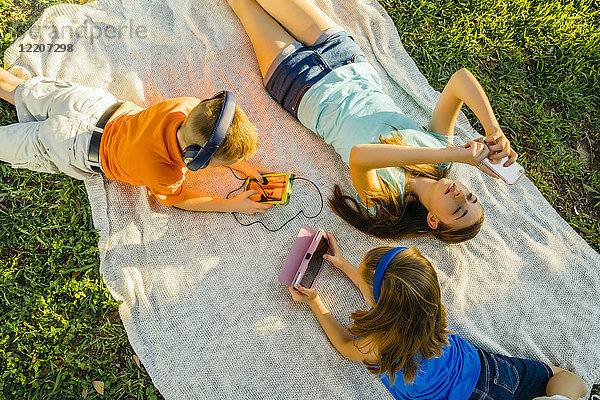 Caucasian brother and sisters laying on blanket in park using technology
