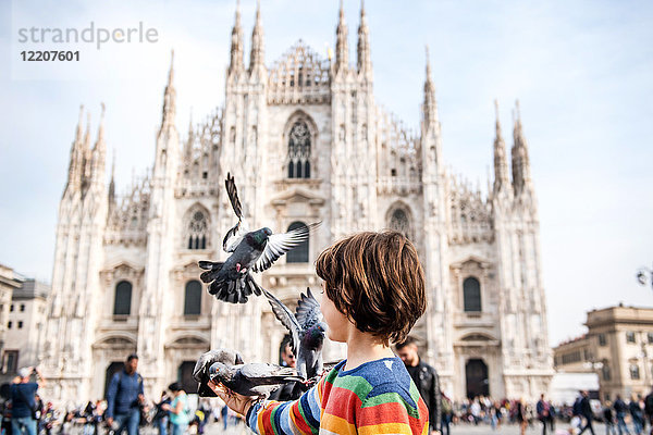 Junge füttert Tauben auf dem Domplatz von Mailand Domplatz  Mailand  Lombardei  Italien