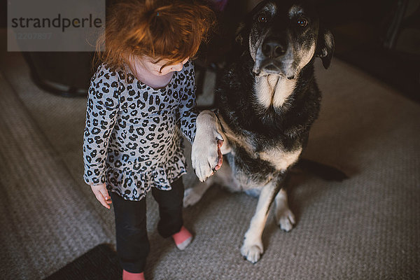 Junges Mädchen steht neben Haushund  hält Hundepfote