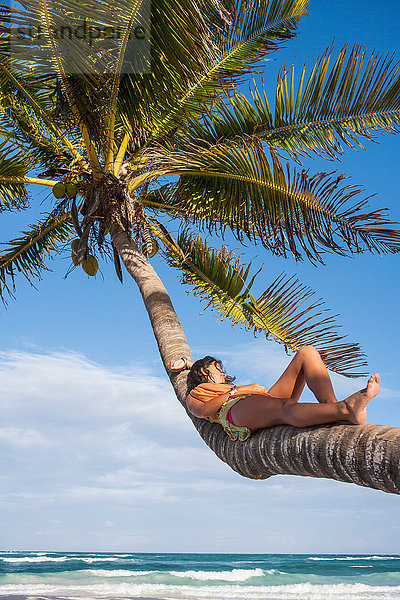 Junge Frau beim Sonnenbaden auf einem Palmenstamm am Strand  Tulum  Quintana Roo  Mexiko