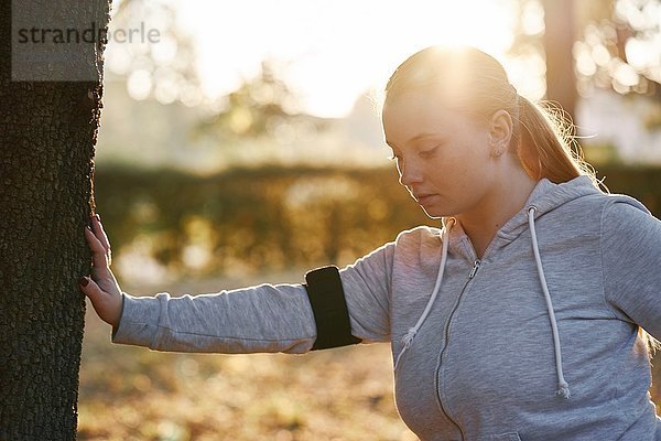 Kurvenreiche junge Frau  die im Park trainiert und Baumstamm-Push-Ups macht