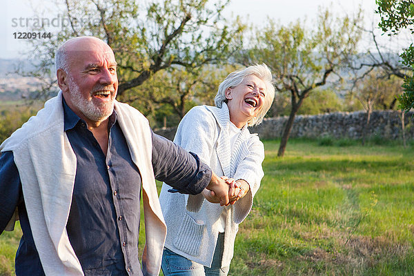 Älteres Ehepaar geht in ländlicher Umgebung spazieren  hält Händchen und albert herum