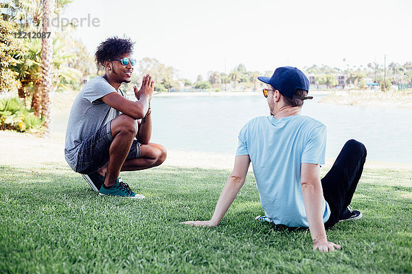 Freunde entspannen sich auf Gras am See  Long Beach  Kalifornien  USA