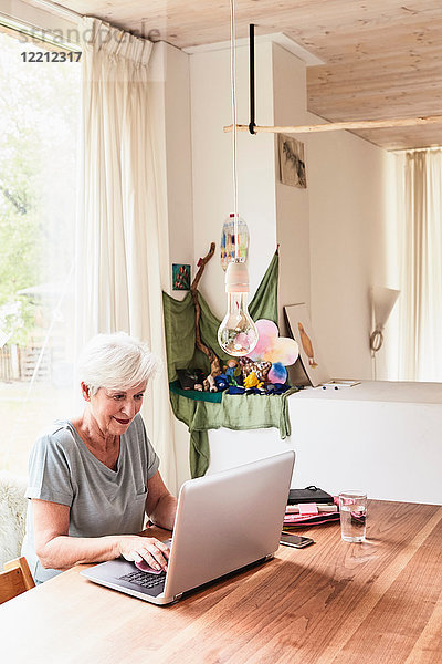 Ältere Frau am Tisch sitzend  mit Laptop