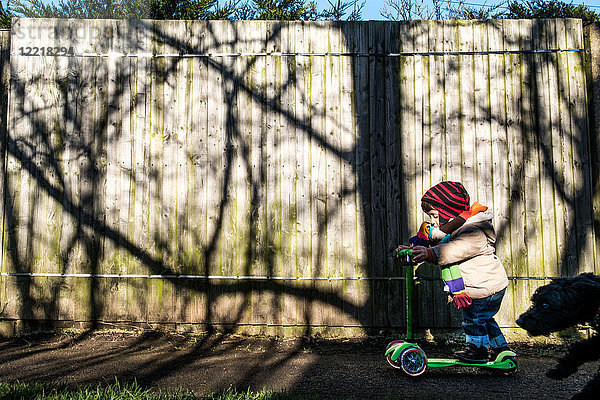 Männliches Kleinkind auf Roller im sonnenbeschienenen Park