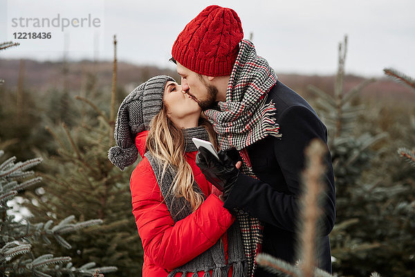 Romantisches junges Paar küsst sich beim Weihnachtsbaumkauf im Wald
