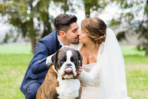Porträt der Braut und des Bräutigams mit ihrem Hund