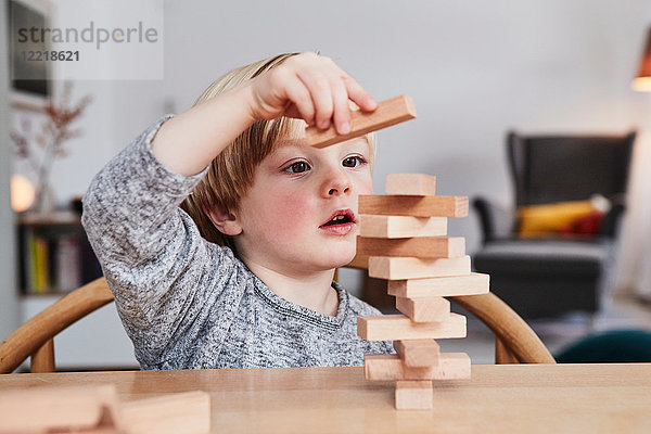 Porträt eines Jungen  Baustruktur mit Holzbausteinen