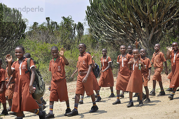 Uganda  Queen Elizabeth National Park  Studenten auf dem Weg zur Schule