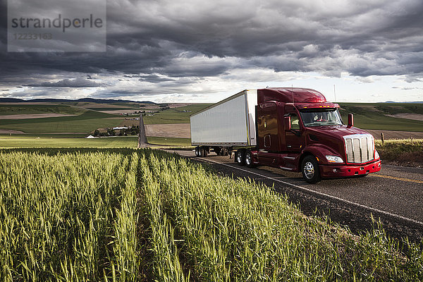 kommerzieller Lastwagen  der bei Sonnenuntergang durch Weizenfelder im Osten Washingtons  USA  fährt.