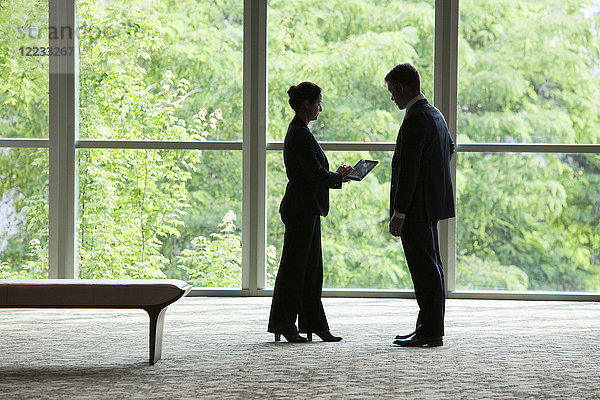Ein kaukasischer Geschäftsmann und eine kaukasische Geschäftsfrau schauen auf ein Computer-Notebook vor einem großen Fenster in der Lobby eines Geschäftszentrums.