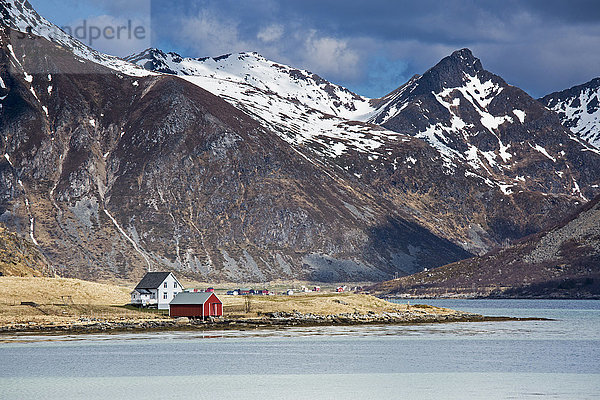 Abgeschiedene Häuser am Fjord unter zerklüfteten Bergen  Flakstadpollen  Lofoten  Norwegen