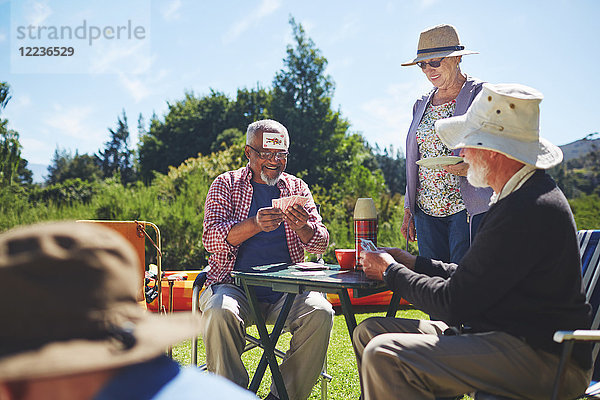 Spielerisch aktive Seniorenfreunde beim Kartenspielen auf dem sonnigen Sommercampingplatz