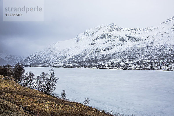 Schneebedeckte Berge und Fjord  Austpollen  Hinnoya  Norwegen