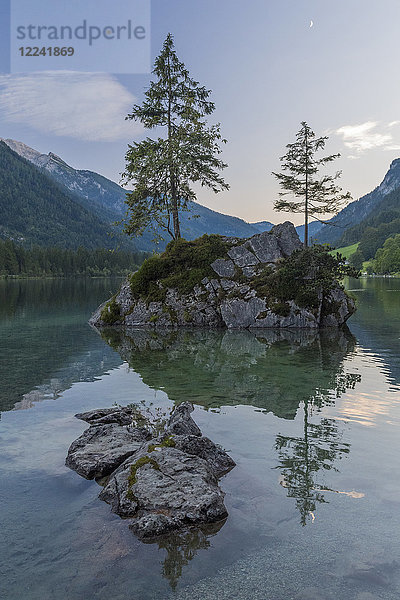 Kleine Felseninsel mit Bäumen am Hintersee mit Bergen in der Morgendämmerung bei Ramsau im Nationalpark Berchtesgaden in Oberbayern  Bayern  Deutschland