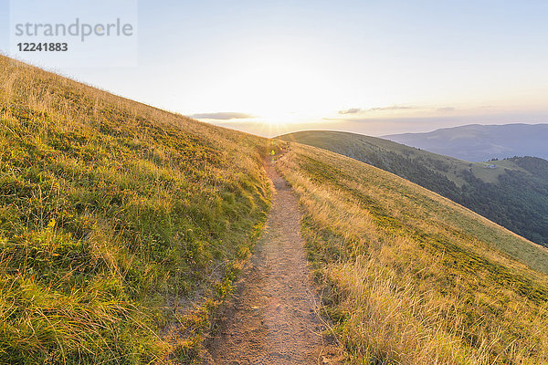 Wanderweg durch die Vogesen auf dem Le Hohneck bei Stosswihr  während die Mittagssonne über den Berghang scheint  Haut-Rhin  Frankreich