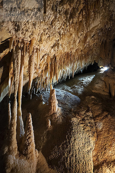 Nahaufnahme von Stalagmiten und Stalaktiten in den Jenolan-Höhlen in den Blue Mountains in New South Wales  Australien