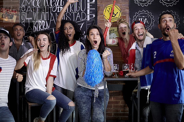 Sportbegeisterte feiern den Sieg  während sie das Spiel in der Bar verfolgen.