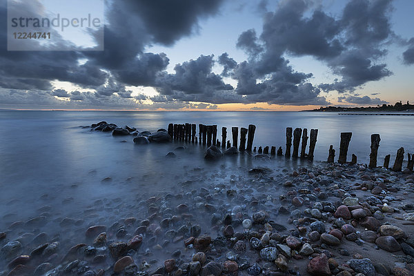 Alte Holzpfähle  die auf das Meer hinausgehen  und Kieselsteine am Strand in der Morgendämmerung  Munkerup  Kattegat-Küste  Seeland  Dänemark  Skandinavien  Europa
