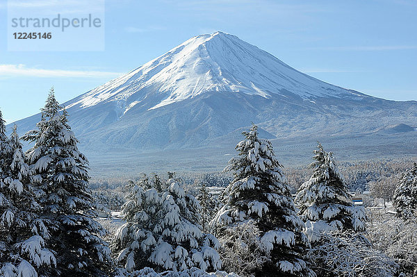 Blick auf den Berg Fuji  UNESCO-Weltkulturerbe  am frühen Morgen nach einem starken Schneefall  Fujikawaguchiko  Japan  Asien