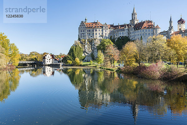Schloss Sigmaringen spiegelt sich in der Donau  Sigmaringen  Baden-Württemberg  Deutschland  Europa