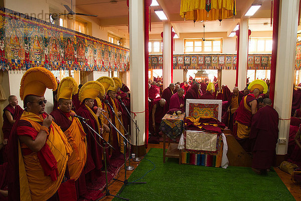 Tibetische buddhistische Mönche bei Losar (tibetisches Neujahr) im Dalai-Lama-Tempel  McLeod Ganj  Dharamsala  Himachal Pradesh  Indien  Asien