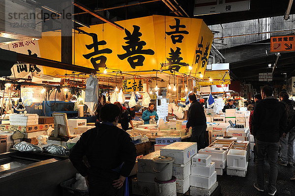 Handel am frühen Morgen auf dem Innenmarkt von Tsukiji Shijo  dem größten Fisch- und Meeresfrüchtemarkt der Welt  Tsukiji  Tokio  Japan  Asien