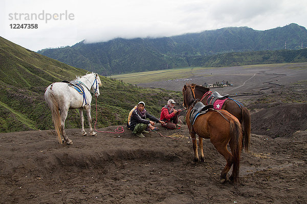 Reiter und Pferde an den Ufern des Vulkans Mount Bromo  Ost-Java  Indonesien  Südostasien  Asien