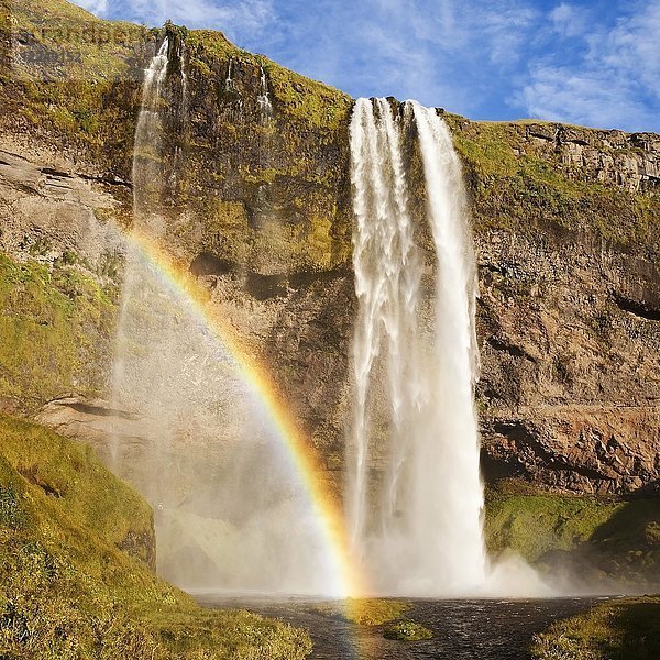 Seljalandsfoss Wasserfall mit Regenbogen  Seljalandsa Fluss  Südinsel  Insel