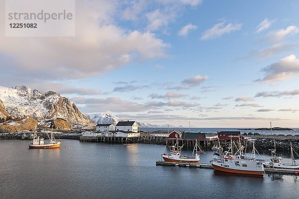 Fischerboot im Hafen bei Sonnenaufgang  Hamnøy  Reine  Lofoten  Norwegen  Europa
