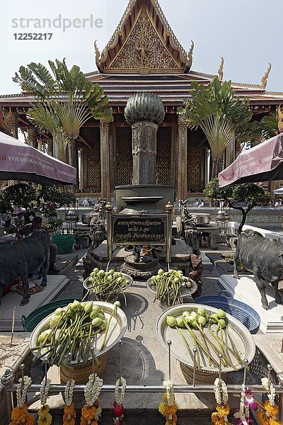 Opferaltar mit Lotosblüten vor dem Ubosot  Tempel des Smaragdbuddhas  Wat Phra Kae  Ko Ratanakosin  Bangkok  Thailand  Asien