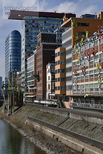 Medienhafen mit Colorium Gebäude mit Innside Hotel  Haus Roggendorf mit Flossi Figuren  Düsseldorf  Nordrhein-Westfalen  Deutschland  Europa