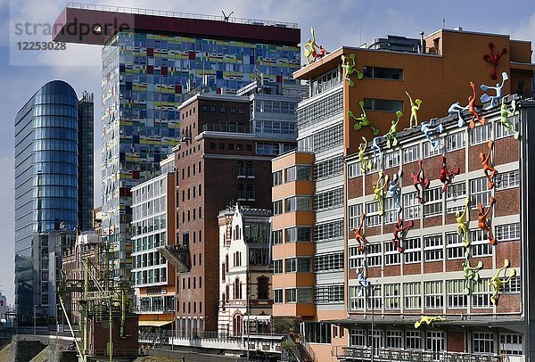 Medienhafen mit Colorium Gebäude mit Innside Hotel  Haus Roggendorf mit Flossi Figuren  Düsseldorf  Nordrhein-Westfalen  Deutschland  Europa