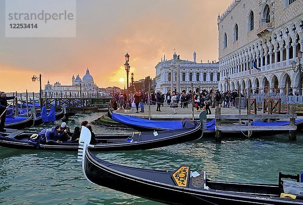 Piazzetta mit Dogenpalast und Kirche Santa Maria della Salute bei Sonnenuntergang  Karneval in Venedig  Italien  Europa