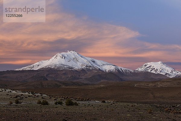 Vulkan Parinacota mit Schnee im Abendlicht  Putre  Region de Arica y Parinacota  Chile  Südamerika