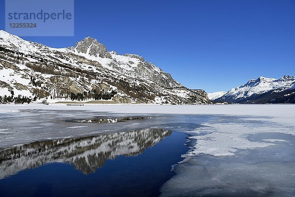 Teilweise gefrorener Silsersee  schneebedeckte Berge Piz Lagrev  Malojoa  Oberengadin  Kanton Graubünden  Schweiz  Europa