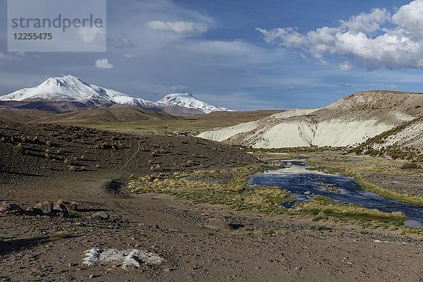 Schneebedeckter Andenberg mit Bergfluss  Putre  Region de Arica y Parinacota  Chile  Südamerika