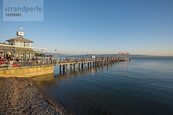 Menschen auf Steg  Schiffsanlegestelle Kressbronn  Bodensee  Baden-Württemberg  Deutschland  Europa