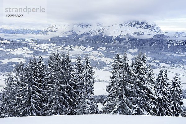 Wilder Kaiser im Winter in den Wolken  Kaisergebirge  Oberndorf St. Johann  Tirol  Österreich  Europa
