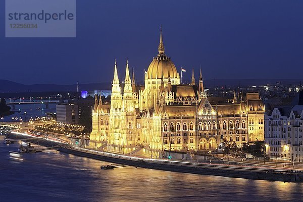 Parlament an der Donau bei Nacht  Pest  Budapest  Ungarn  Europa