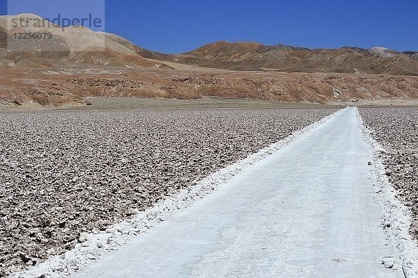 Straße durch Salzfeld  Salar de Atacama  bei San Pedro de Atacama  Región de Antofagasta  Chile  Südamerika