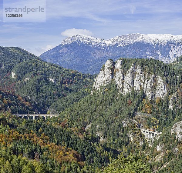 20 Schilling Blick mit Kalte Rinne Viadukt Pollereswand Krauselklauseviadukt Raxmassiv mit Heukuppe  Semmeringbahn  Aussichtspunkt 20 Schilling Blick  Niederösterreich  Österreich  Europa